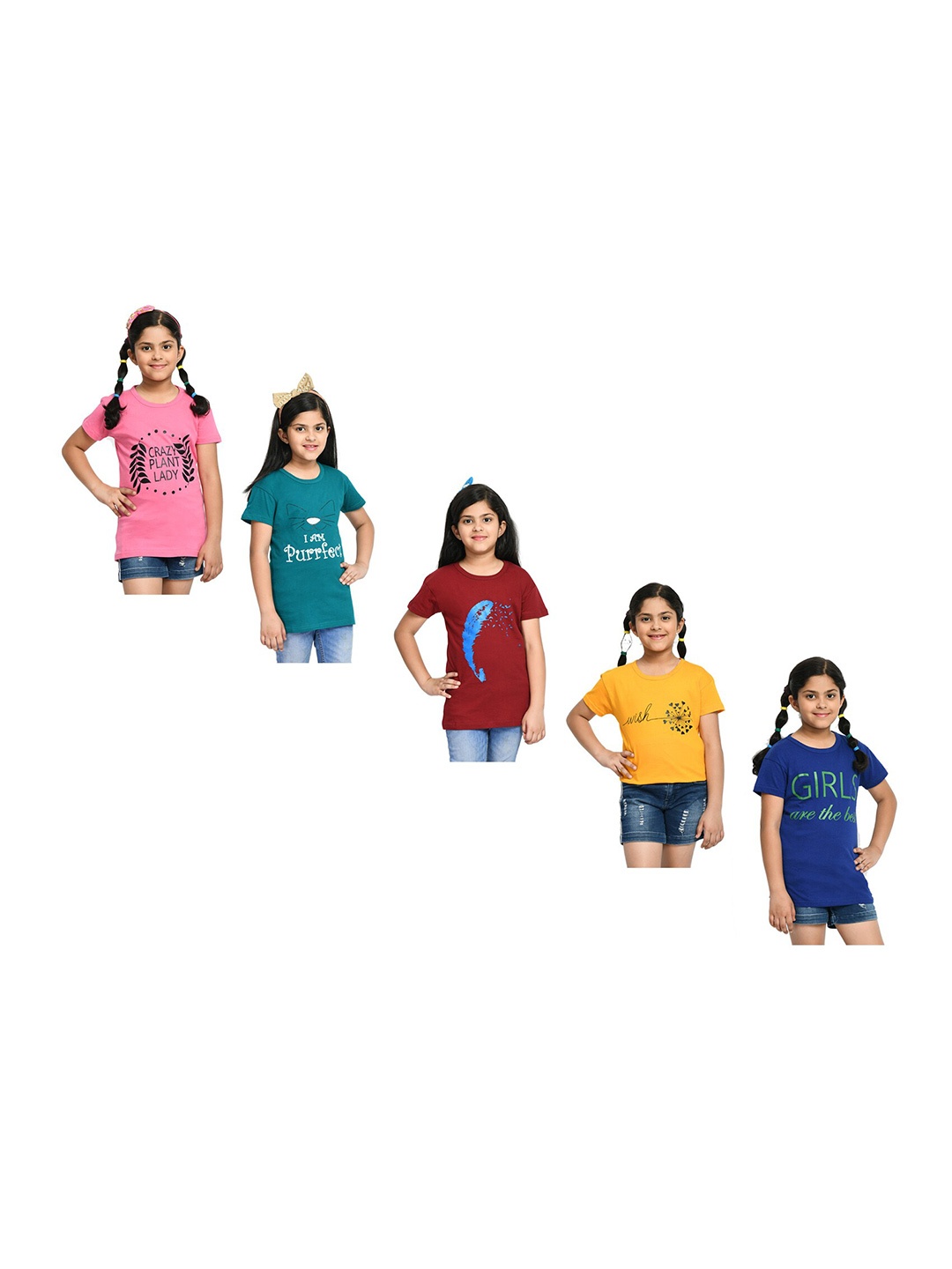 

BAESD Girls Pack Of 5 Printed Short Sleeves Cotton T-shirt, Blue