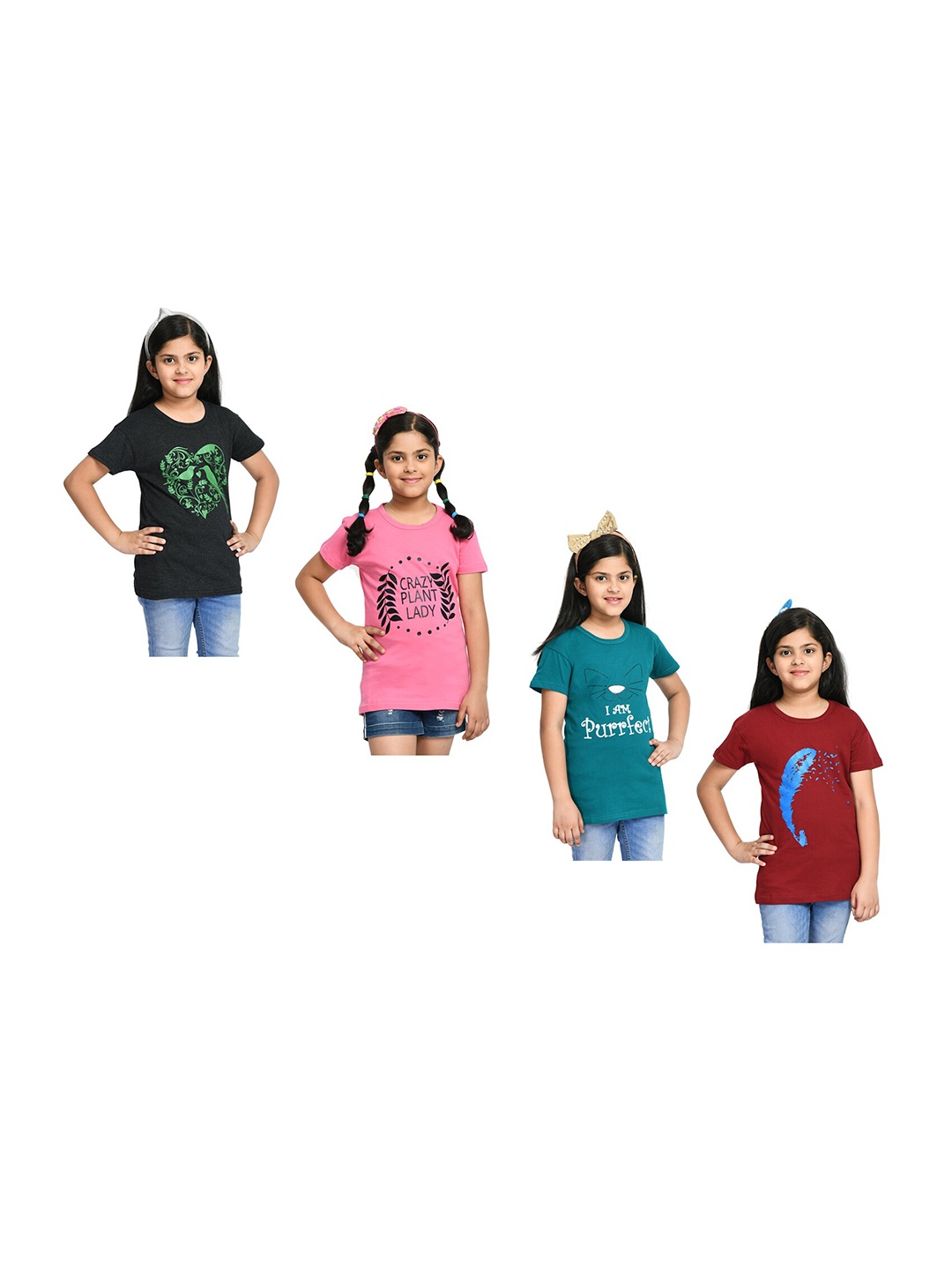 

BAESD Girls Pack of 4 Typography Printed Cotton T-shirt, Teal