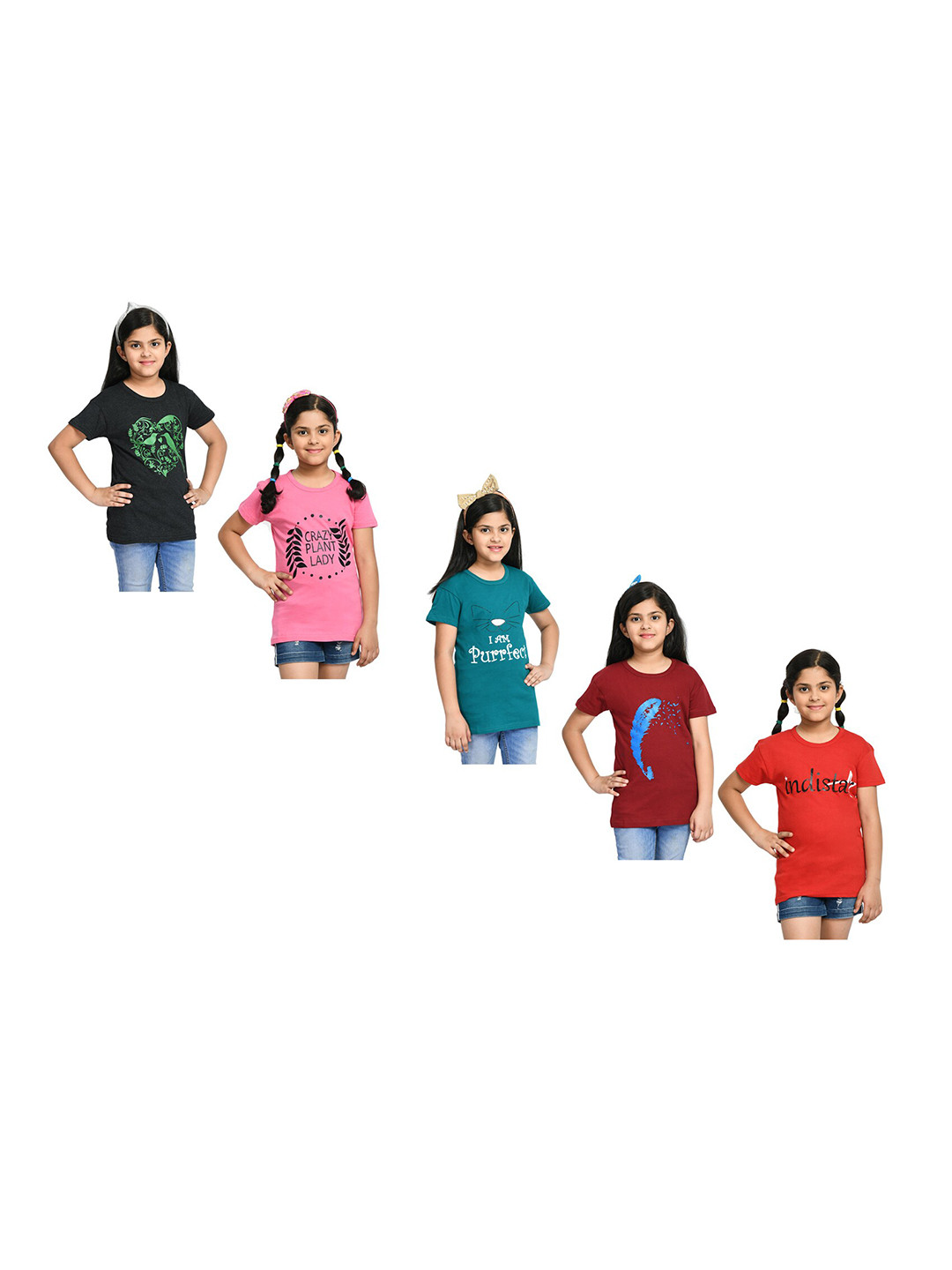 

BAESD Girls Pack Of 5 Graphic Printed Cotton T-shirts, Red