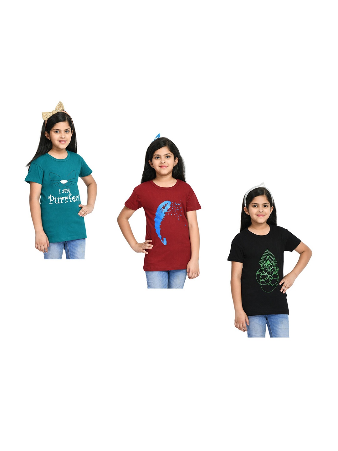 

BAESD Girls Pack of 3 Printed Cotton T-shirt, Maroon