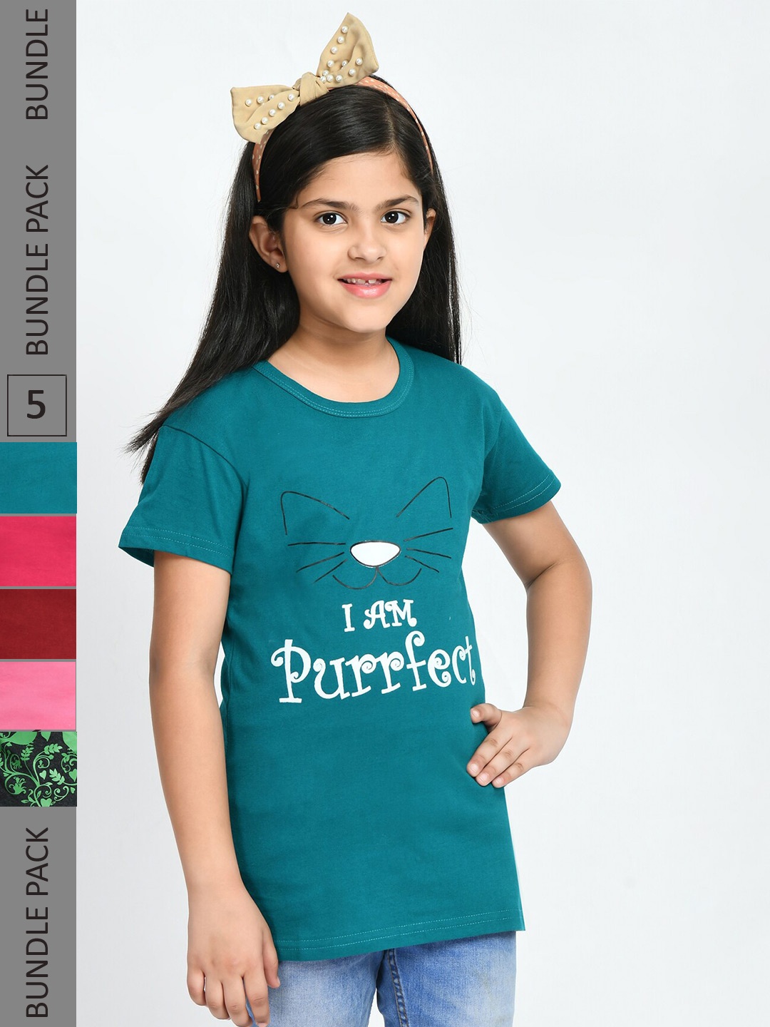 

BAESD Girls Pack of 5 Printed Cotton T-shirts, Teal