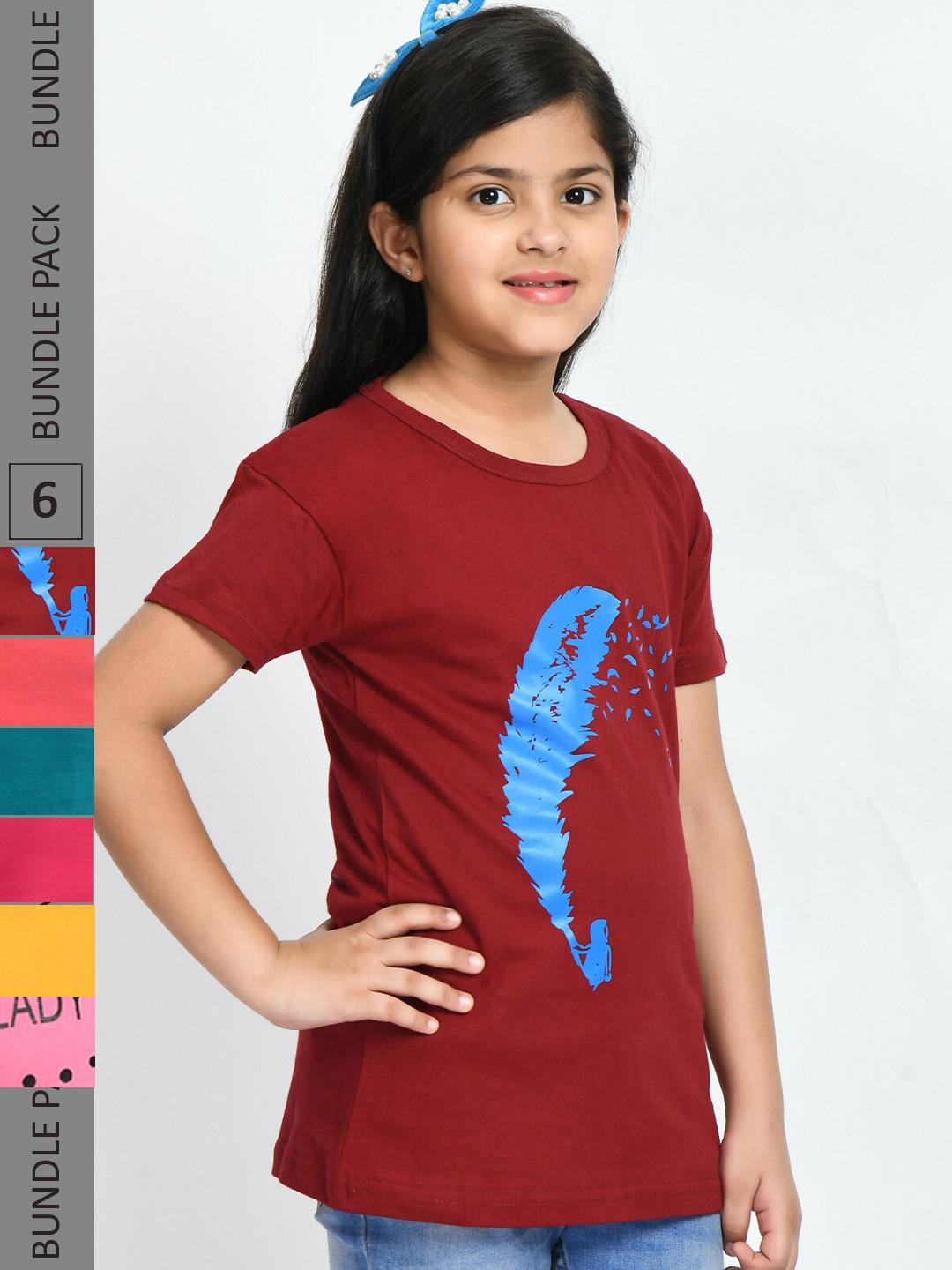 

BAESD Girls Pack Of 6 Printed Round Neck Cotton T-shirts, Maroon