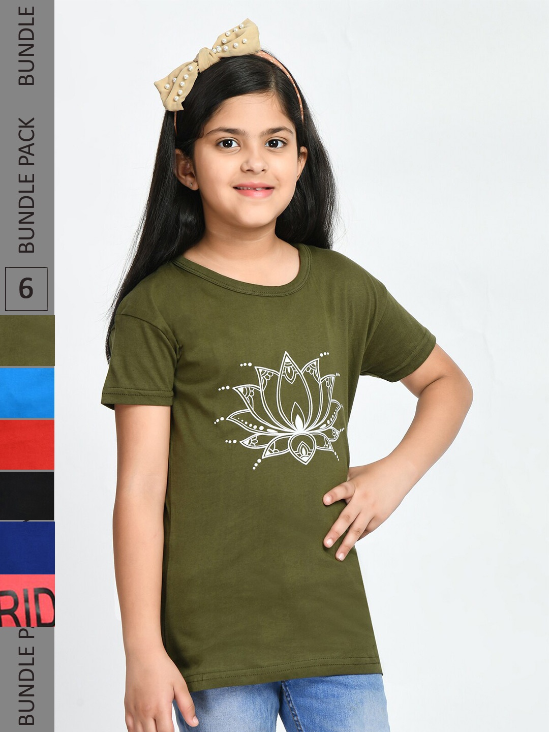 

BAESD Girls Pack Of 6 Graphic Printed Cotton T-shirt, Olive