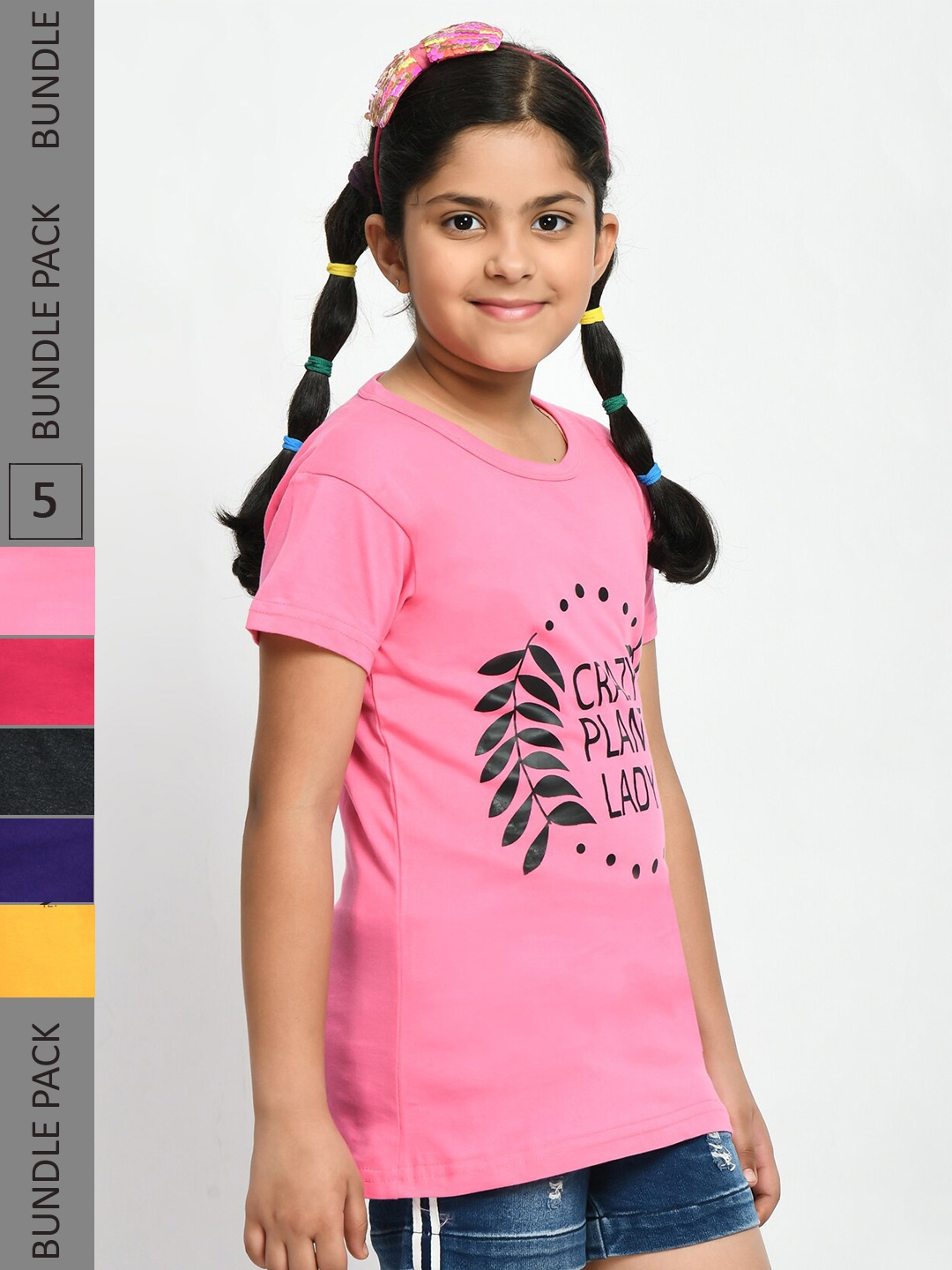 

BAESD Girls Pack Of 5 Printed Cotton T-Shirt, Pink