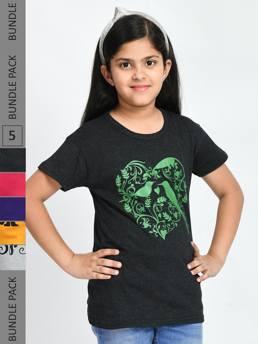 

BAESD Girls Pack Of 5 Graphic Printed Cotton T-shirts, Black