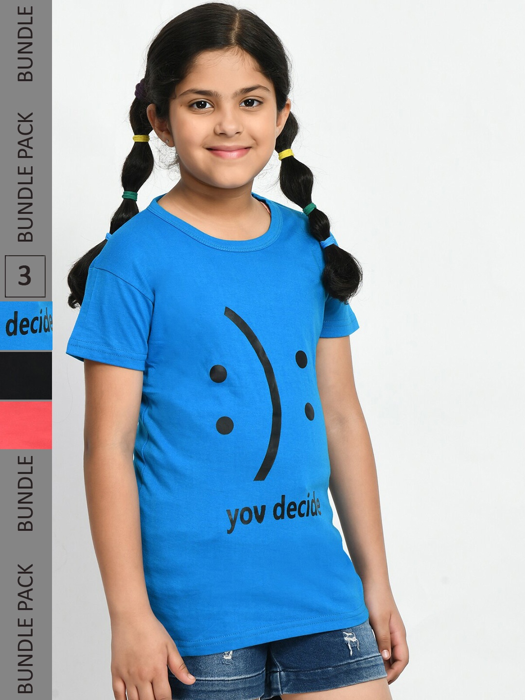 

BAESD Girls Pack Of 3 Graphic Printed Cotton T-Shirt, Blue
