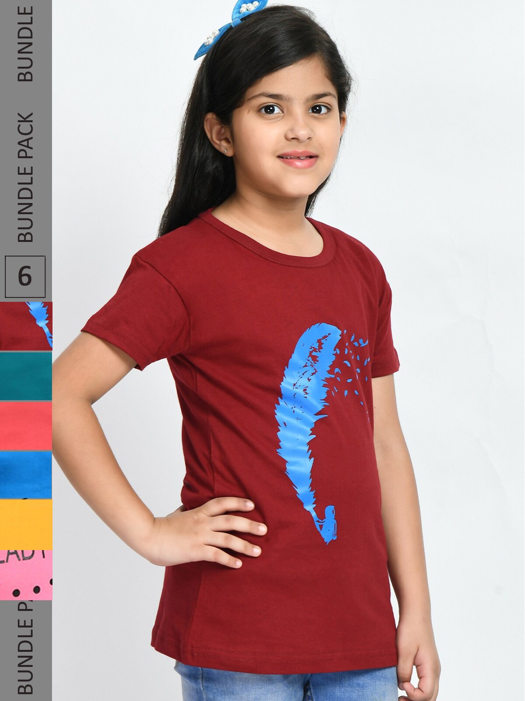 

BAESD Girls Pack Of 6 Printed Cotton T-shirts, Maroon
