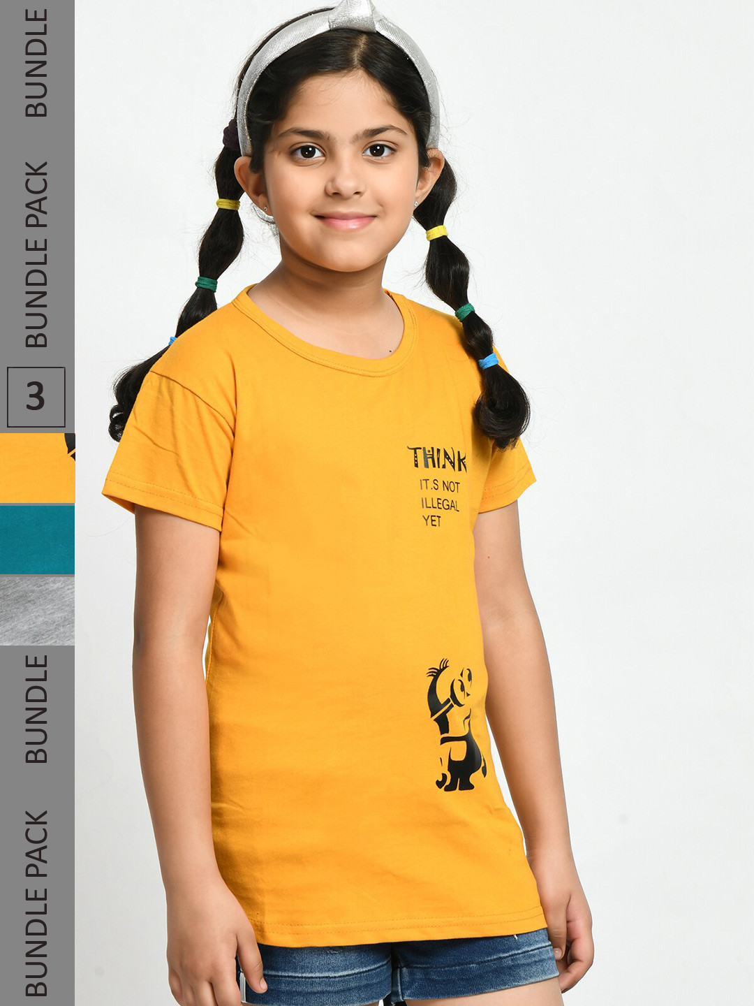 

BAESD Girls Pack Of 3 Printed Cotton T-shirt, Mustard
