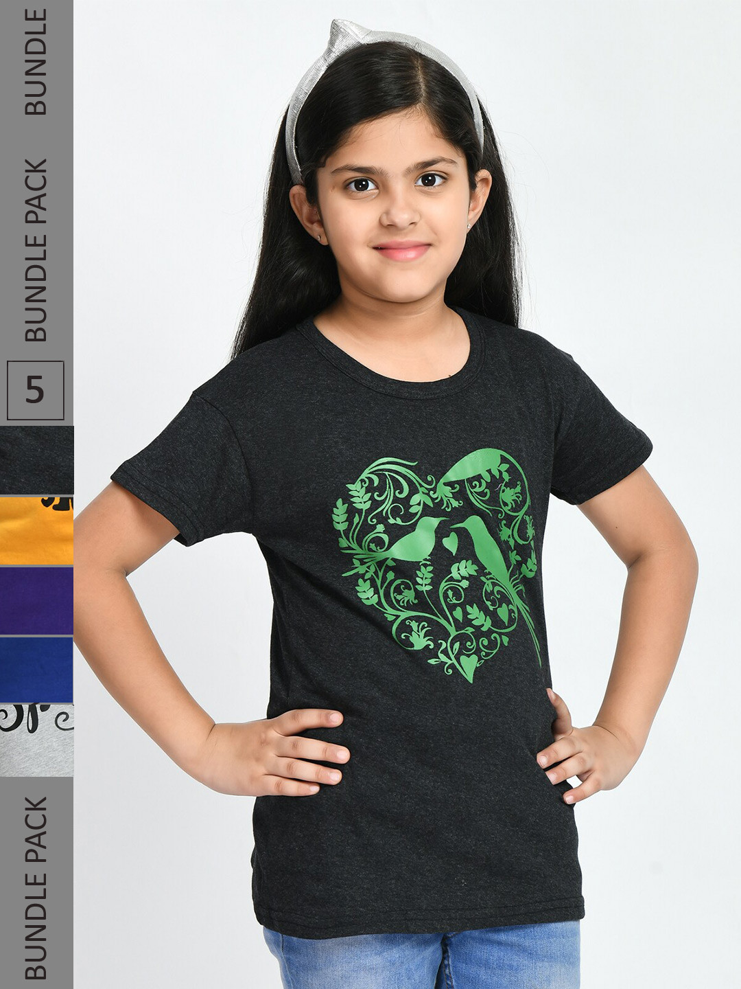 

BAESD Girls Pack Of 5 Printed Cotton T-Shirts, Charcoal