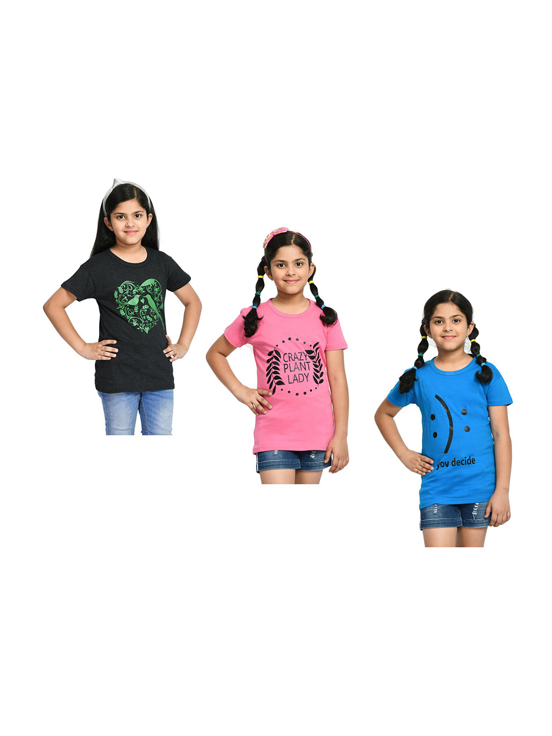 

BAESD Girls Pack Of 3 Printed Cotton T-shirt, Charcoal