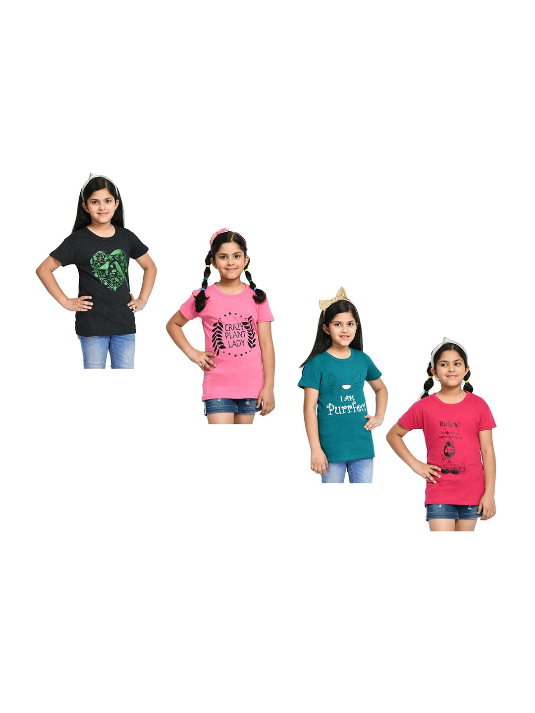 

BAESD Girls Pack Of 4 Typography Printed Round Neck Cotton T-shirt, Black