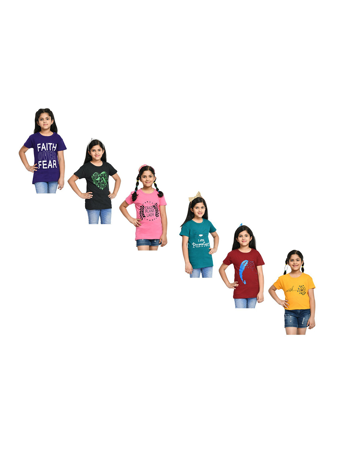 

BAESD Girls Pack Of 6 Printed Cotton T-shirts, Blue