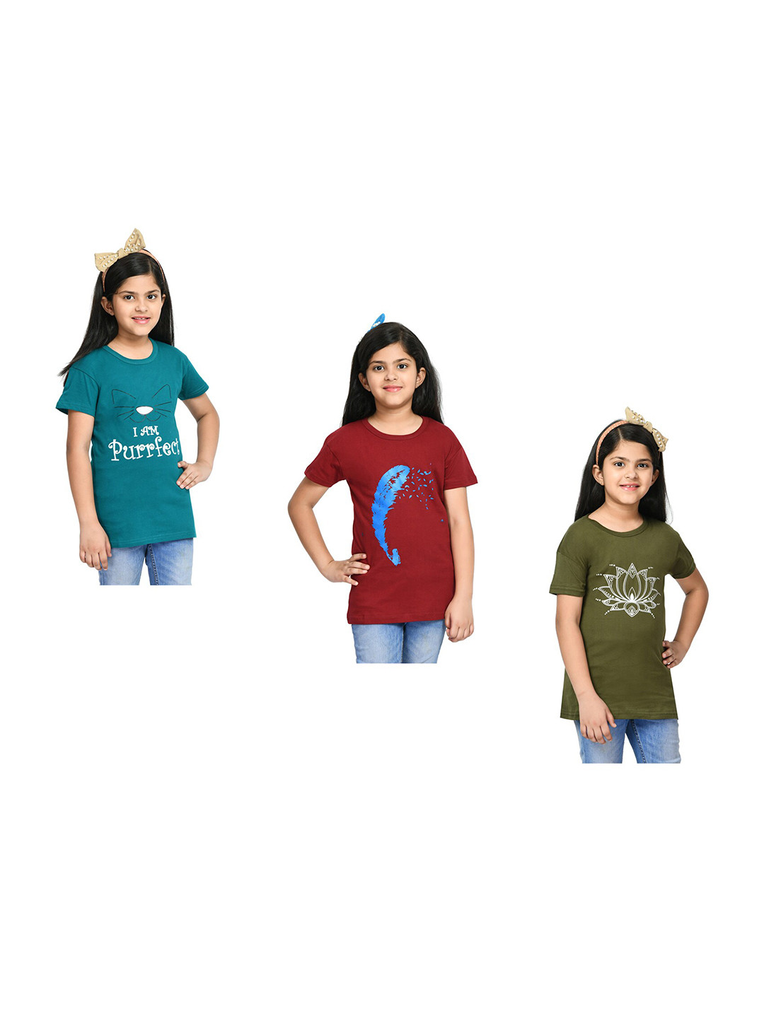 

BAESD Girls Pack Of 3 Printed Pure Cotton T-shirt, Maroon