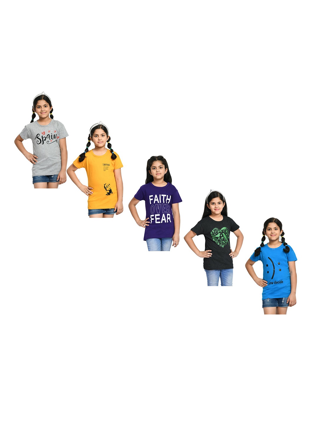 

BAESD Girls Pack Of 5 Printed Cotton T-Shirt, Blue