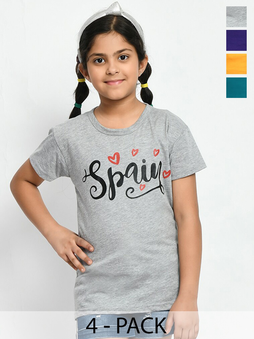 

BAESD Girls Pack Of 4 Graphic Printed Cotton T-Shirt, Grey
