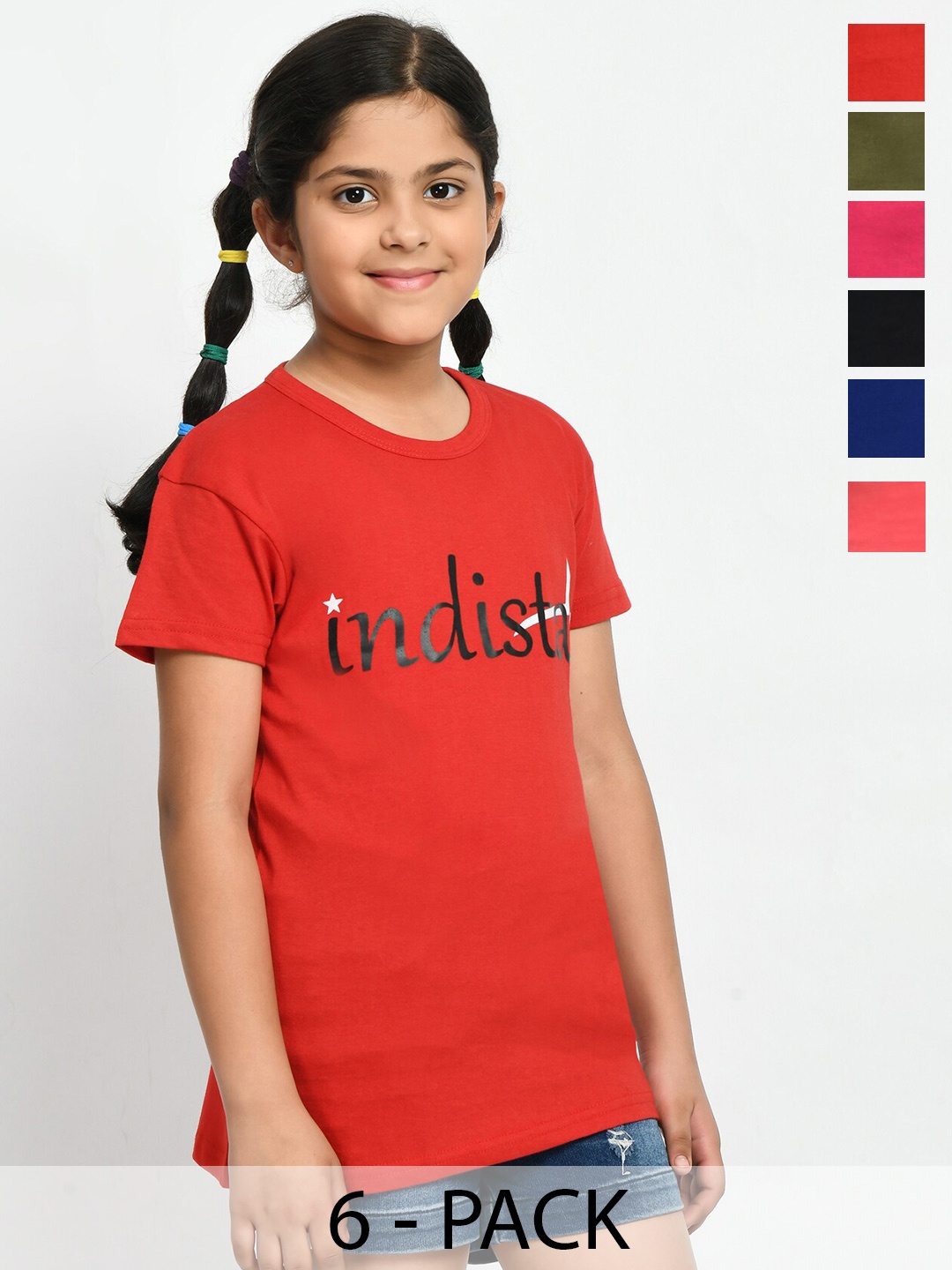 

BAESD Girls Pack Of 6 Printed Cotton T-shirt, Red