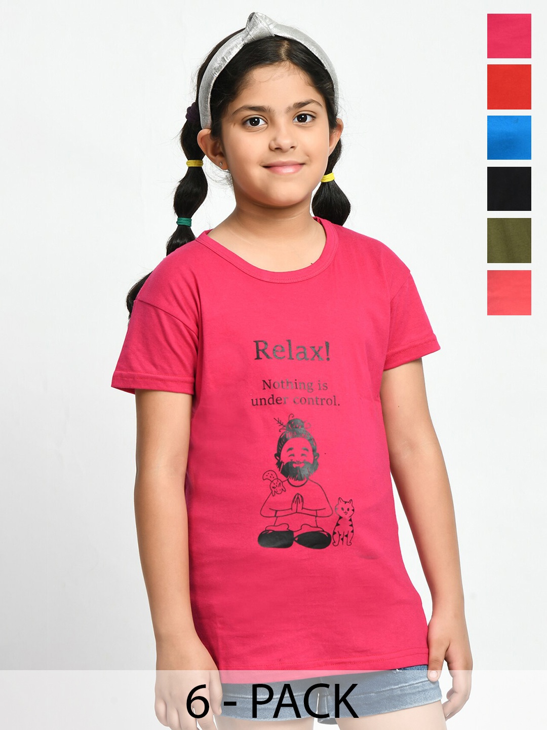 

BAESD Girls Pack Of 6 Printed Cotton T-shirts, Black