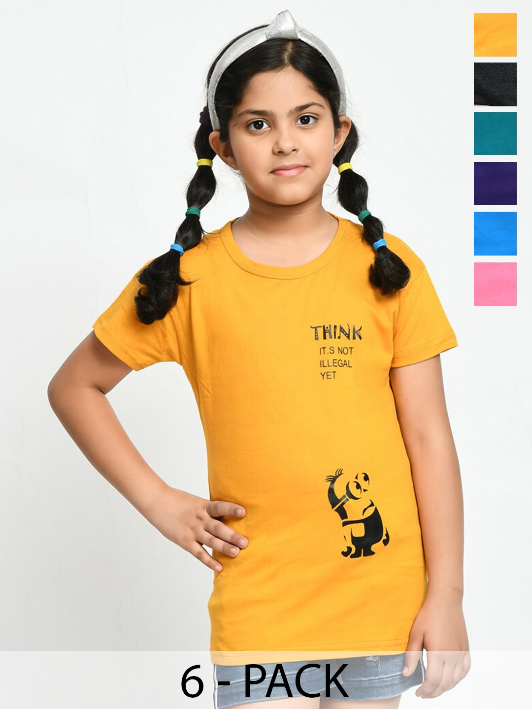 

BAESD Girls Pack Of 6 Printed Cotton T-shirts, Yellow