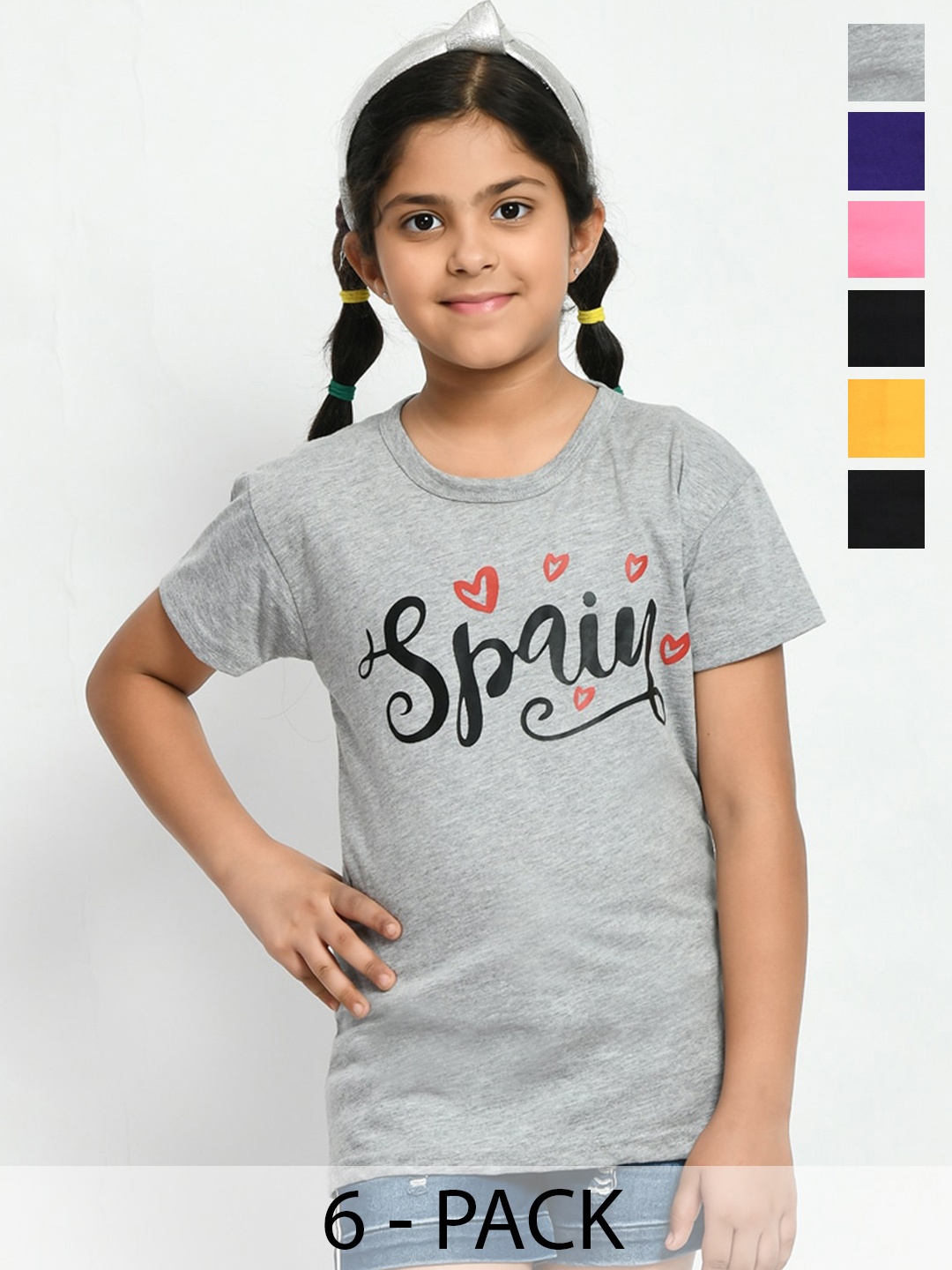 

BAESD Girls Pack Of 6 Printed Cotton T-shirt, Grey melange