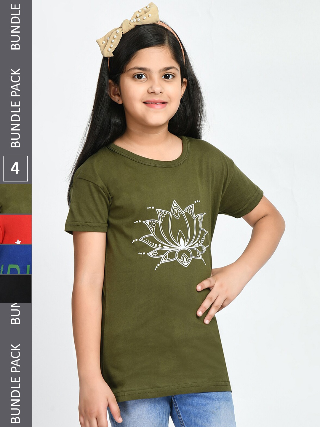 

BAESD Girls Pack Of 4 Conversational Printed Cotton T-shirt, Olive