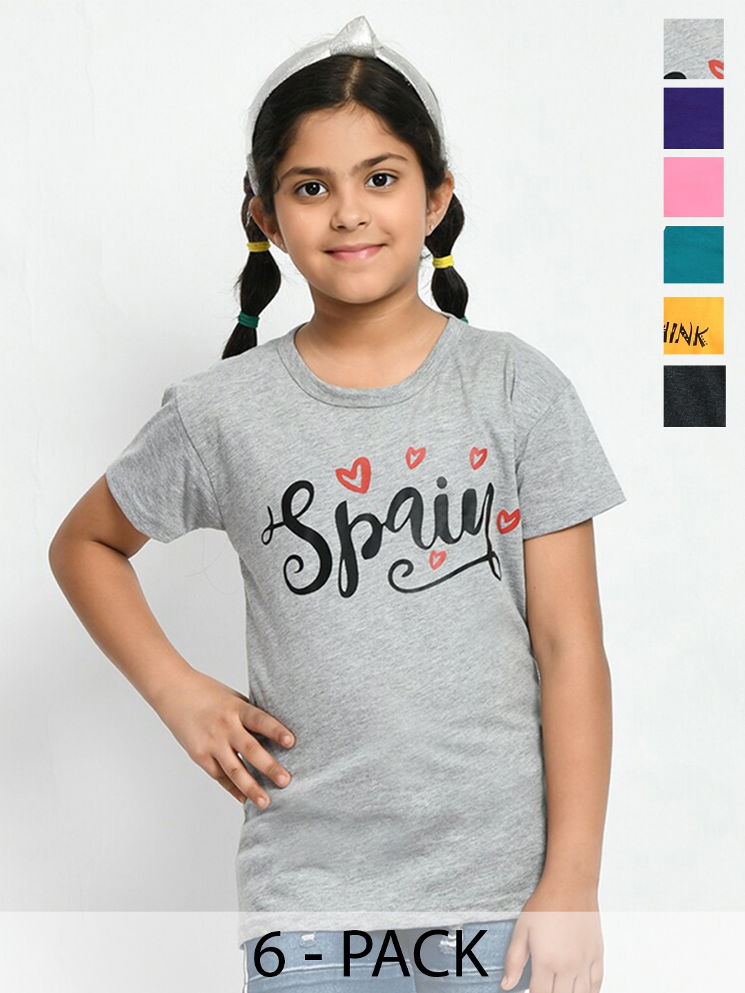 

BAESD Girls Pack Of 6 Typography Printed Regular Fit Cotton T-Shirt, Navy blue