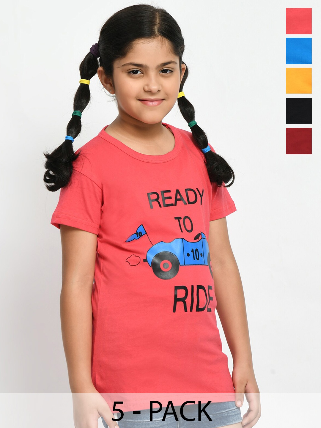 

BAESD Girls Pack Of 5 Graphic Printed Round Neck Cotton T-shirt, Maroon