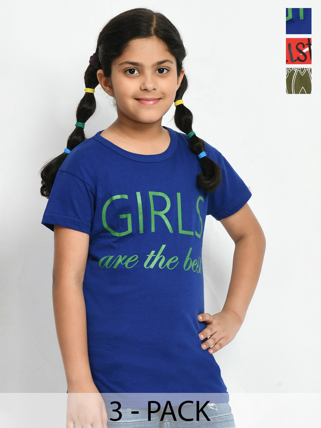 

BAESD Girls Pack Of 3 Typography Printed Cotton T-shirt, Green