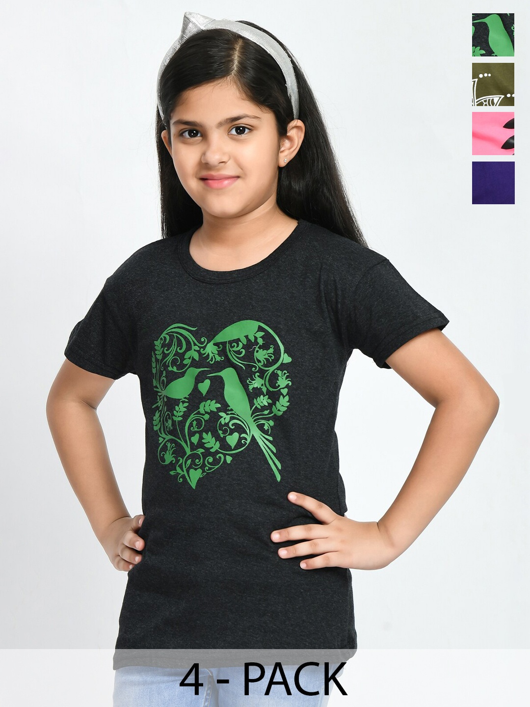 

BAESD Girls Pack Of 4 Printed Cotton T-shirts, Navy blue