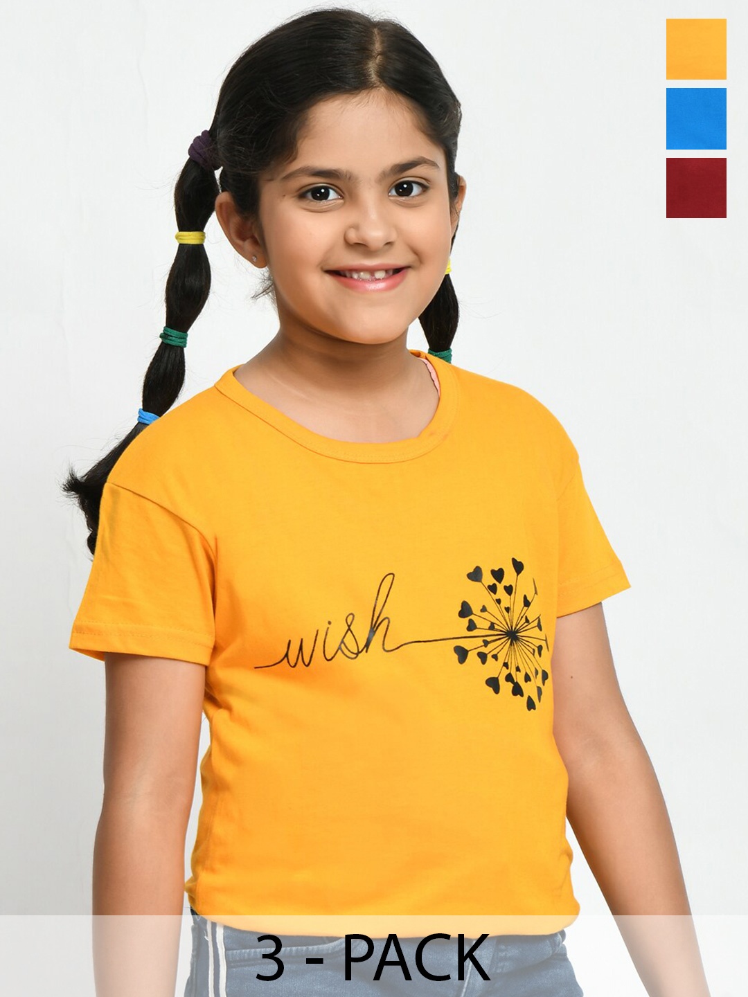 

BAESD Girls Pack Of 3 Graphic Printed Cotton T-Shirts, Yellow