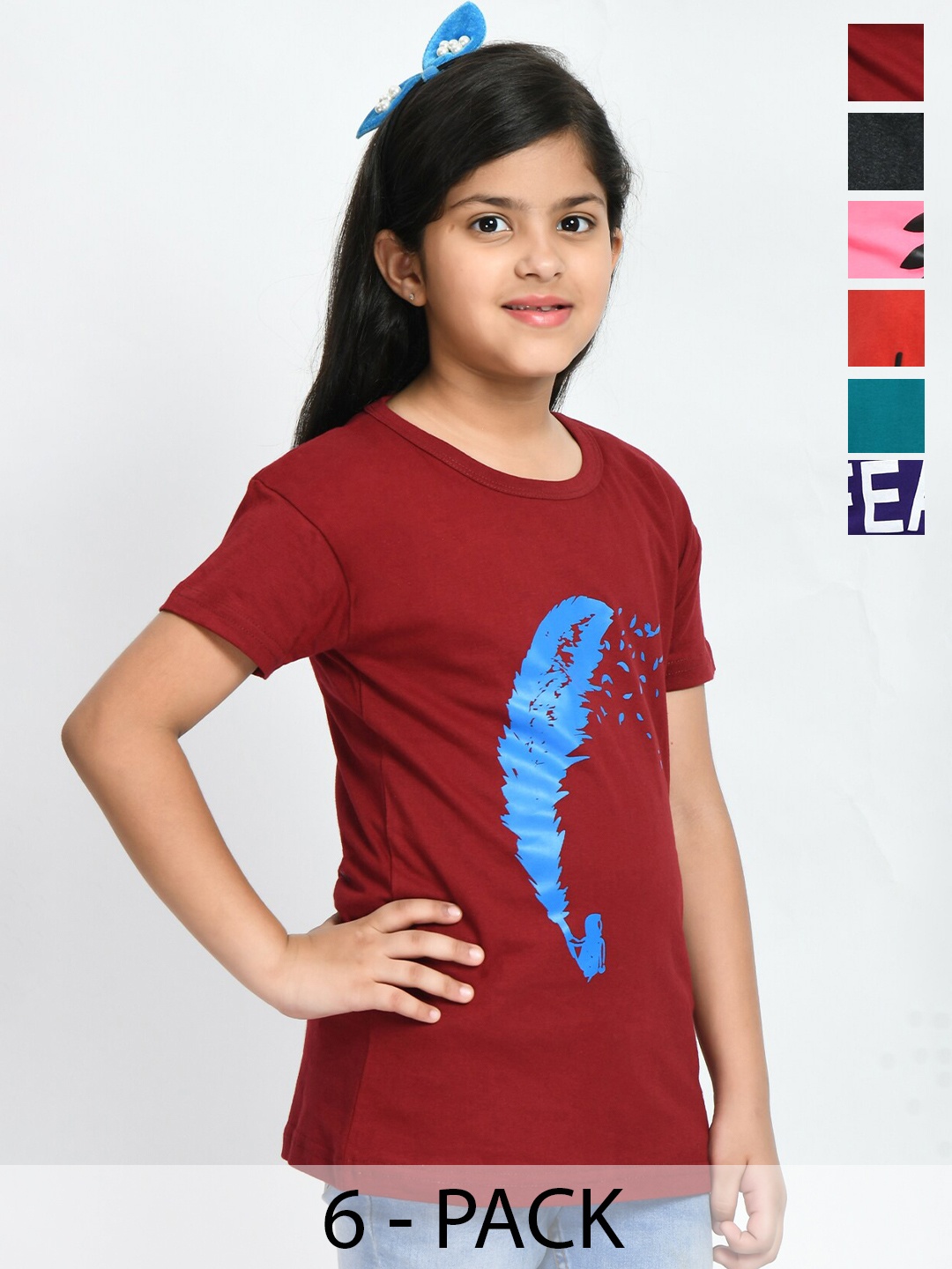 

BAESD Girls Pack Of 6 Printed Cotton T-shirt, Blue