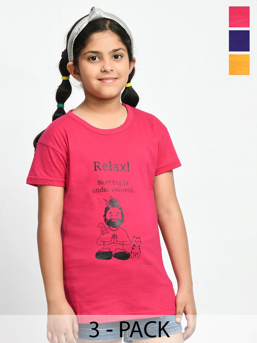 

BAESD Girls Pack of 3 Typography Printed Cotton T-shirts, Yellow
