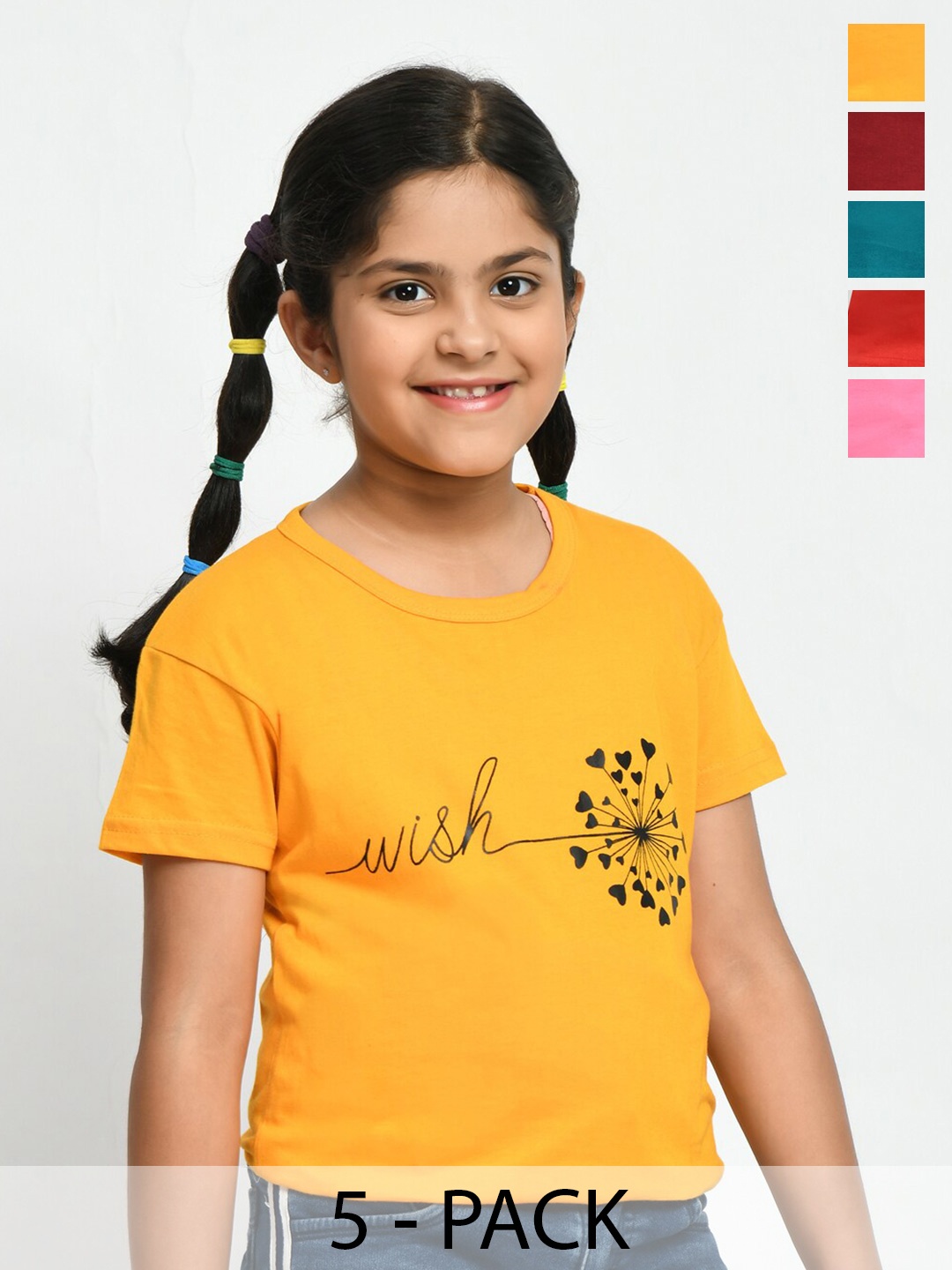 BAESD Girls Pack Of 5 Typography Printed Cotton T-shirt, Yellow