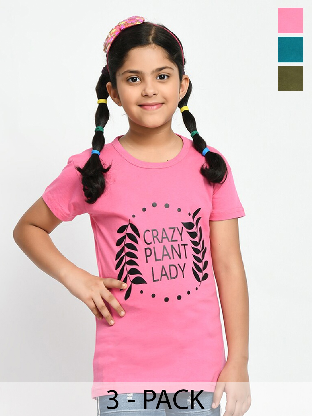 

BAESD Girls Pack Of 3 Graphic Printed Cotton T-shirts, Olive