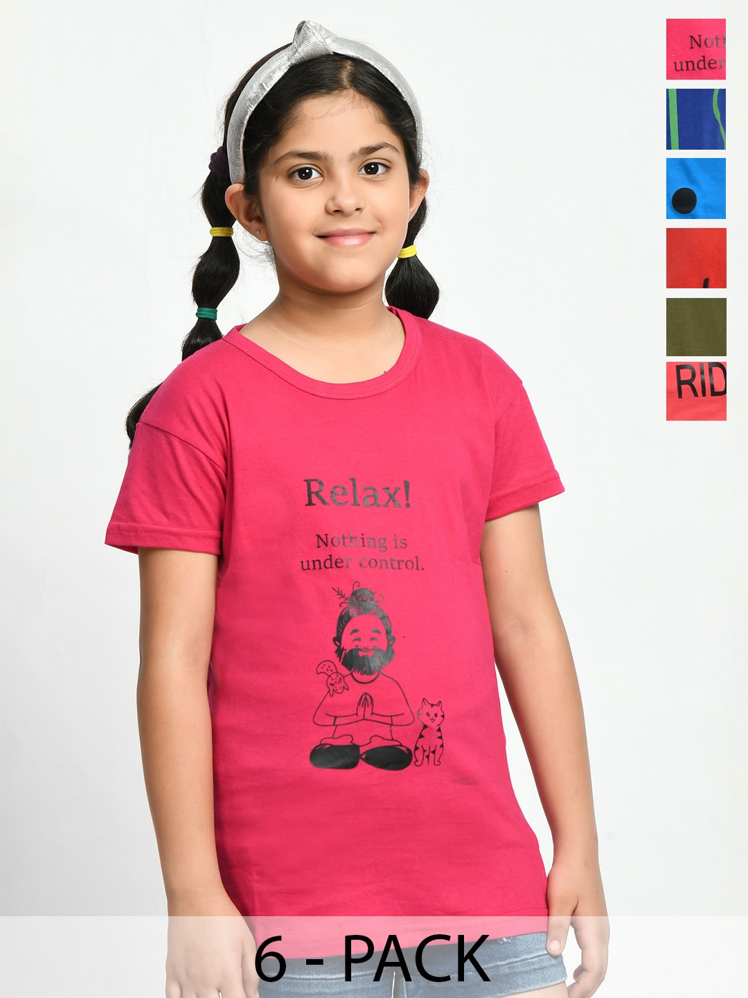 

BAESD Girls Pack Of 6 Graphic Printed Cotton T-Shirts, Navy blue