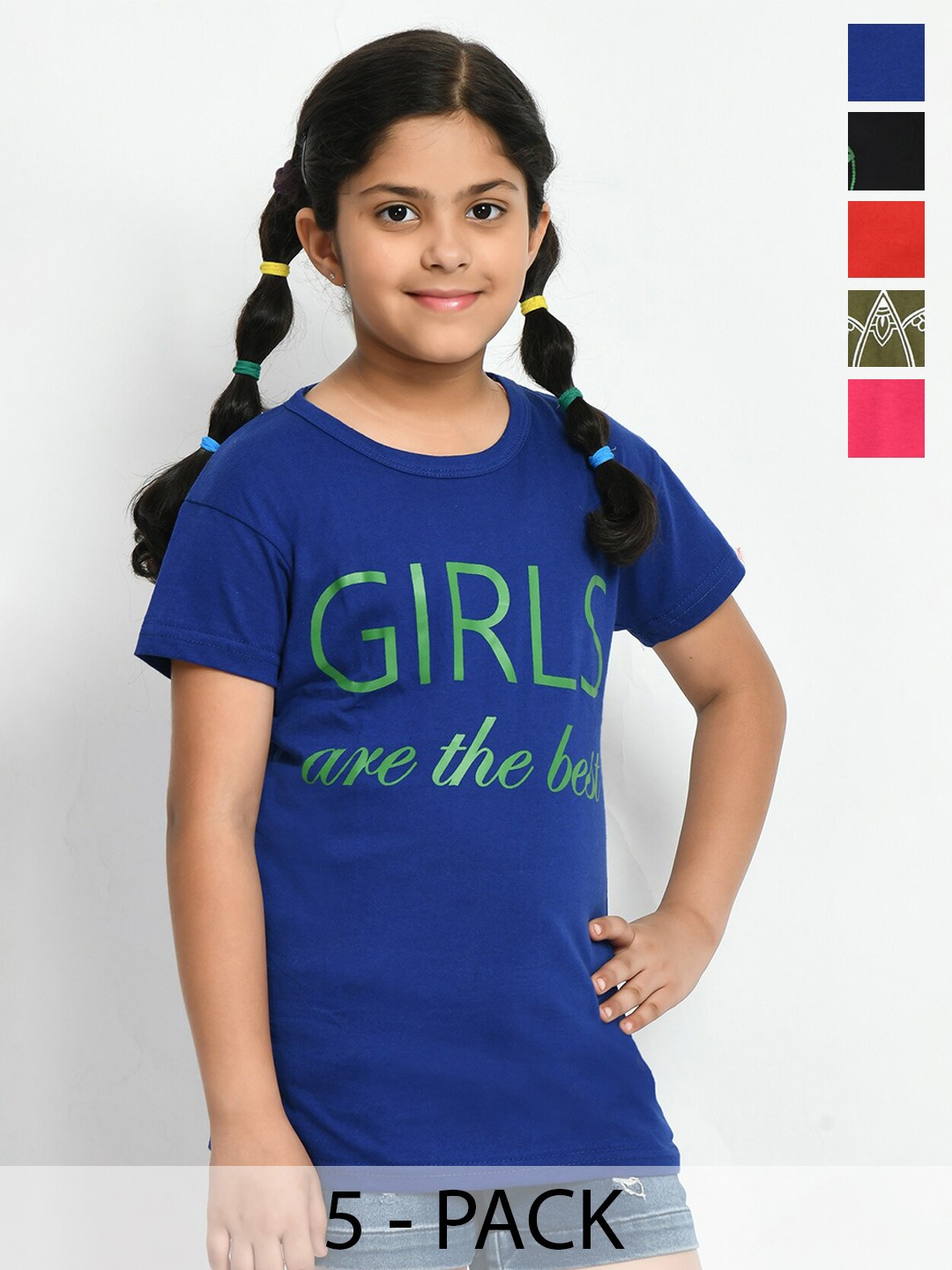 

BAESD Girls Pack Of 5 Typography Printed Cotton T-shirt, Blue