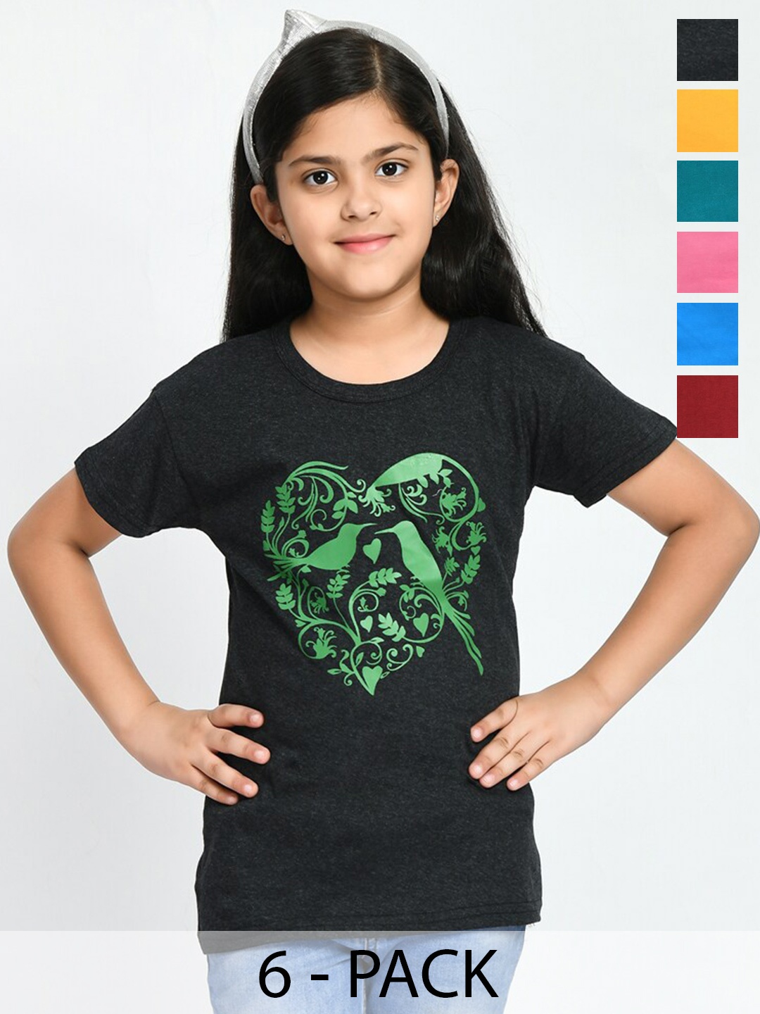 

BAESD Girls Pack Of 6 Printed Cotton T-shirts, Teal