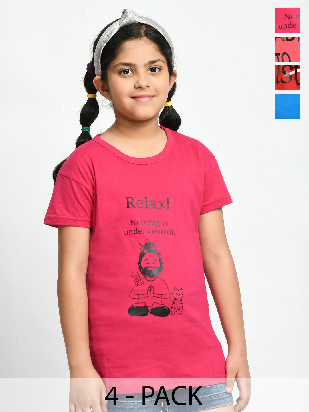 

BAESD Girls Pack Of 4 Typography Printed Cotton T-Shirt, Red