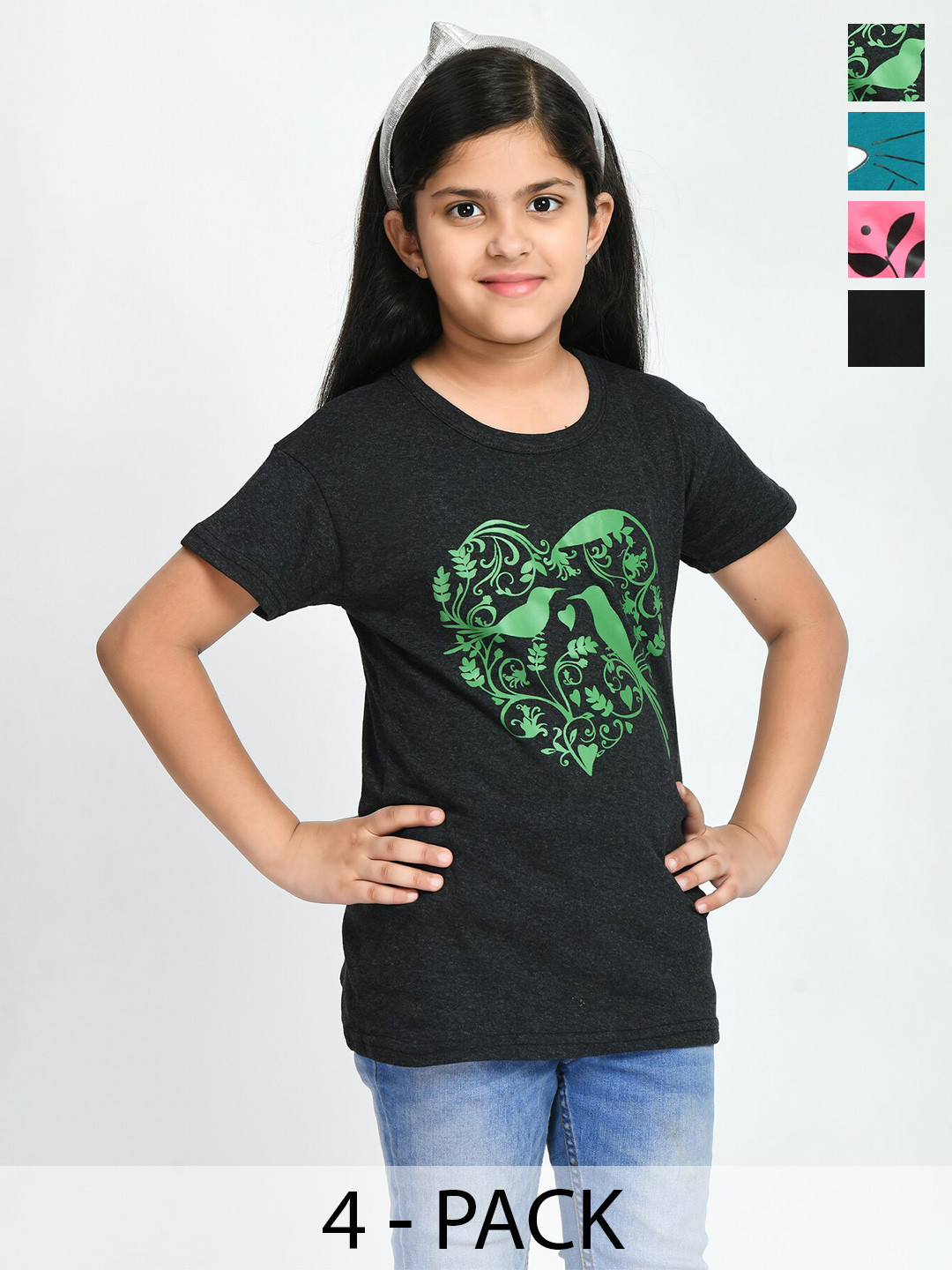

BAESD Girls Pack Of 4 Printed Round Neck Pure Cotton T-shirt, Charcoal