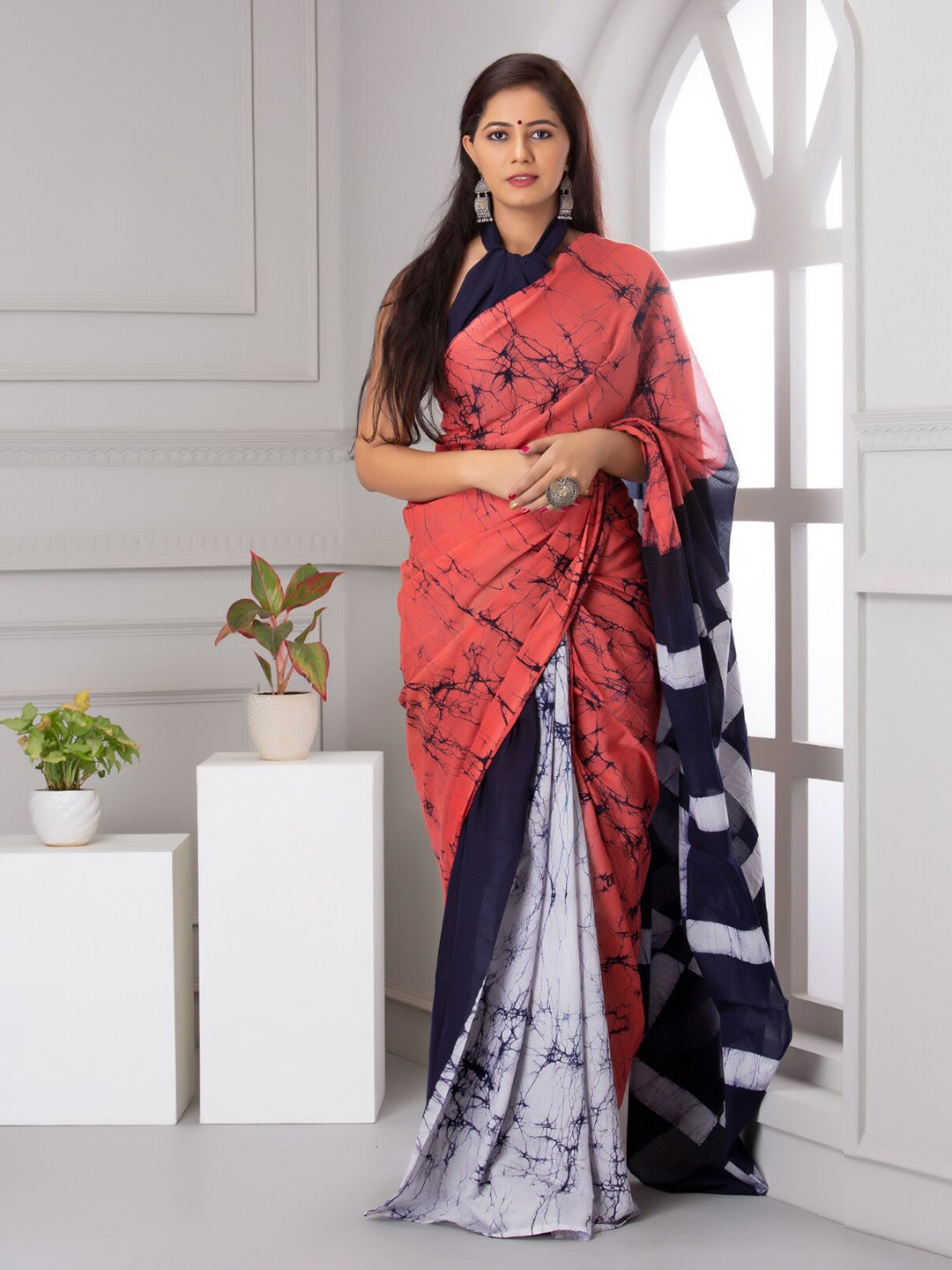 

BUTA BUTI Tie and Dye Pure Cotton Half and Half Saree, Peach