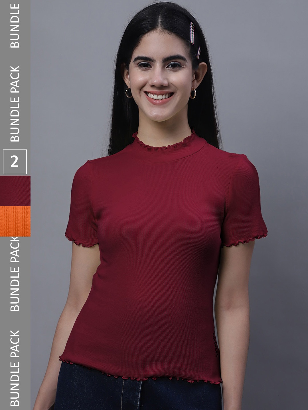 

FBAR Pack Of 2 High Neck Ribbed Cotton Tops, Orange