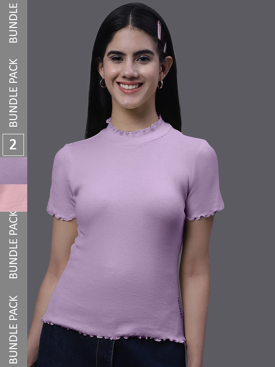 

FBAR Pack Of 2 High Neck Ribbed Cotton Tops, Purple