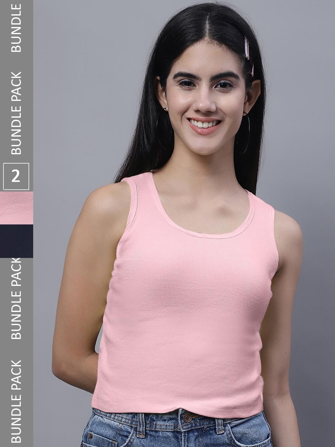 

FBAR Pack Of 2 Sleeveless Ribbed Cotton Crop Tops, Navy blue