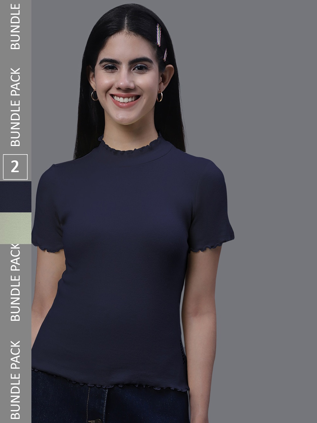 

FBAR Pack Of 2 High Neck Ribbed Cotton Tops, Navy blue