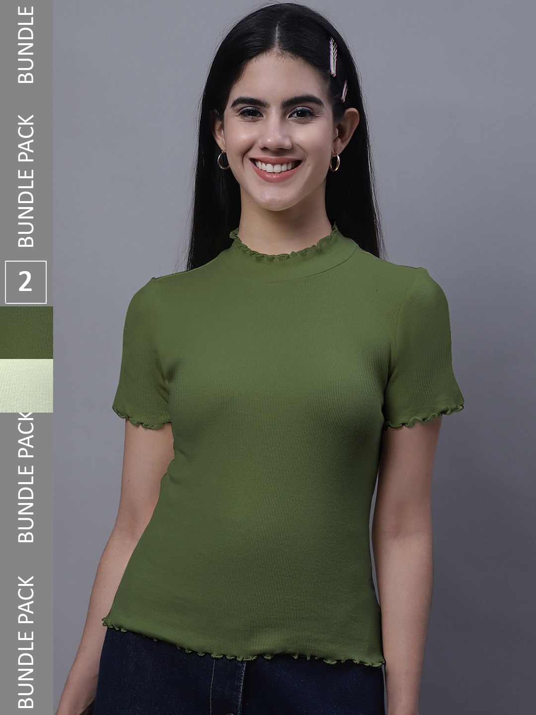 

FBAR Pack Of 2 High Neck Ribbed Cotton Tops, Sea green