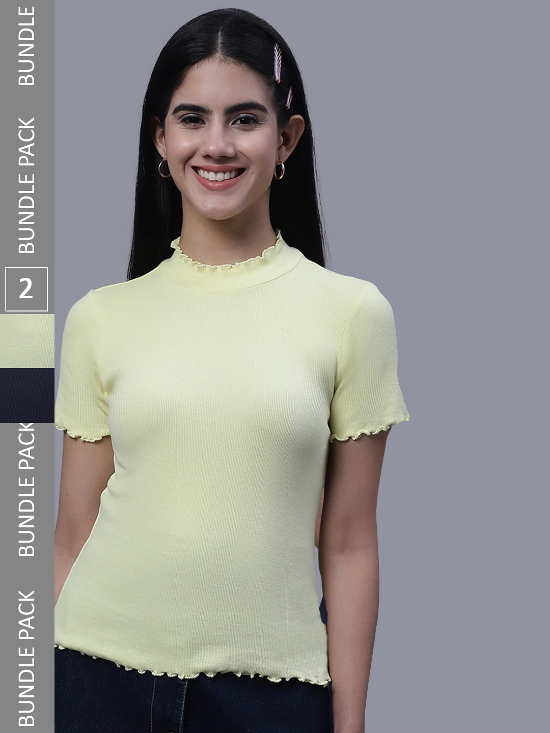 

FBAR Pack Of 2 High Neck Ribbed Cotton Tops, Yellow