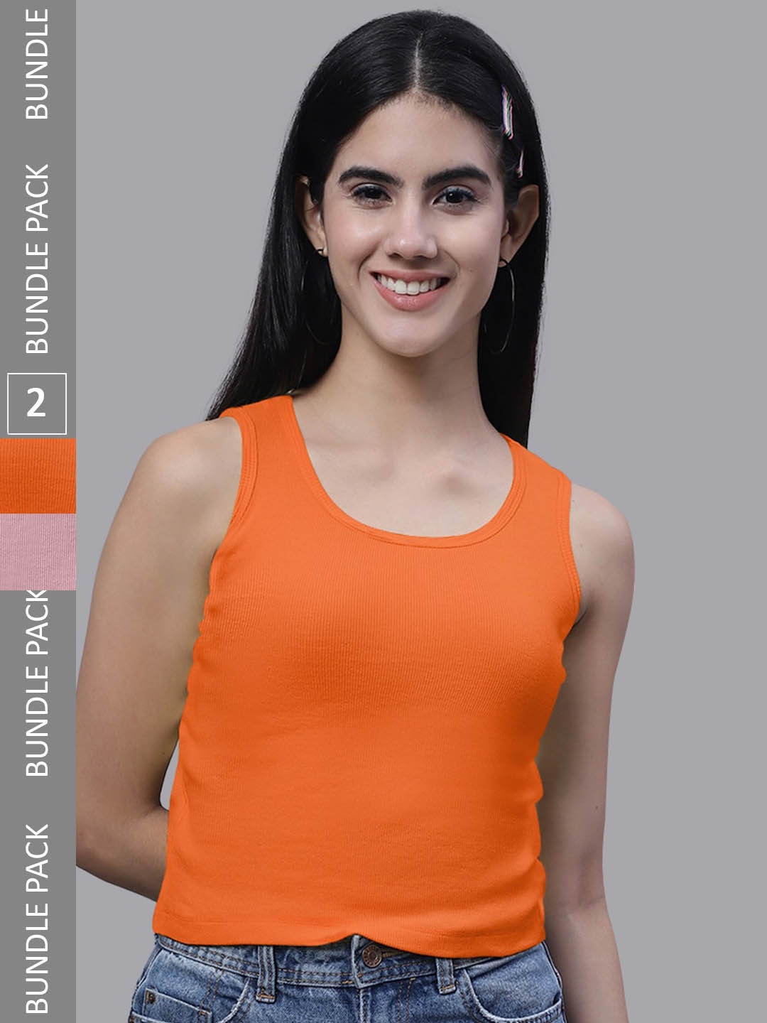 FBAR Pack Of 2 Sleeveless Bio Washed Pure Cotton Tank Tops, Orange
