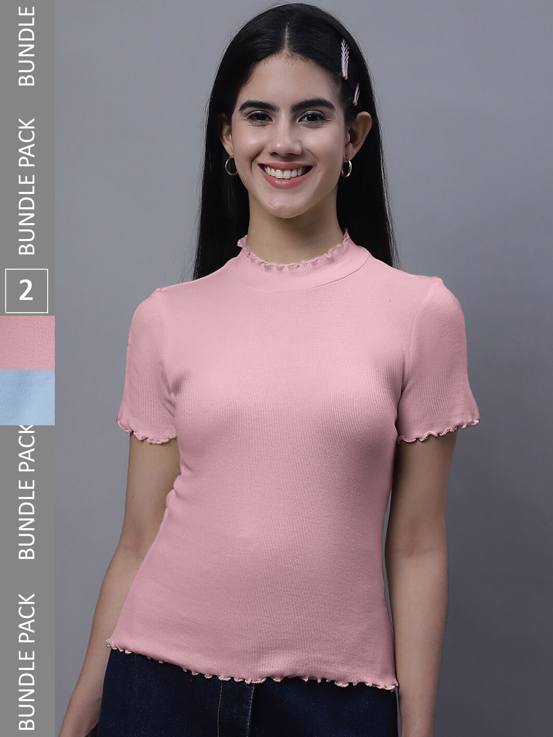 

FBAR Pack Of 2 High Neck Bio Washed Cotton Ribbed Tops, Pink