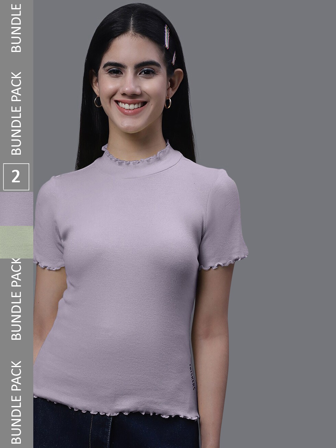 

FBAR Pack Of 2 High Neck Bio Washed Pure Cotton Ribbed Tops, Purple