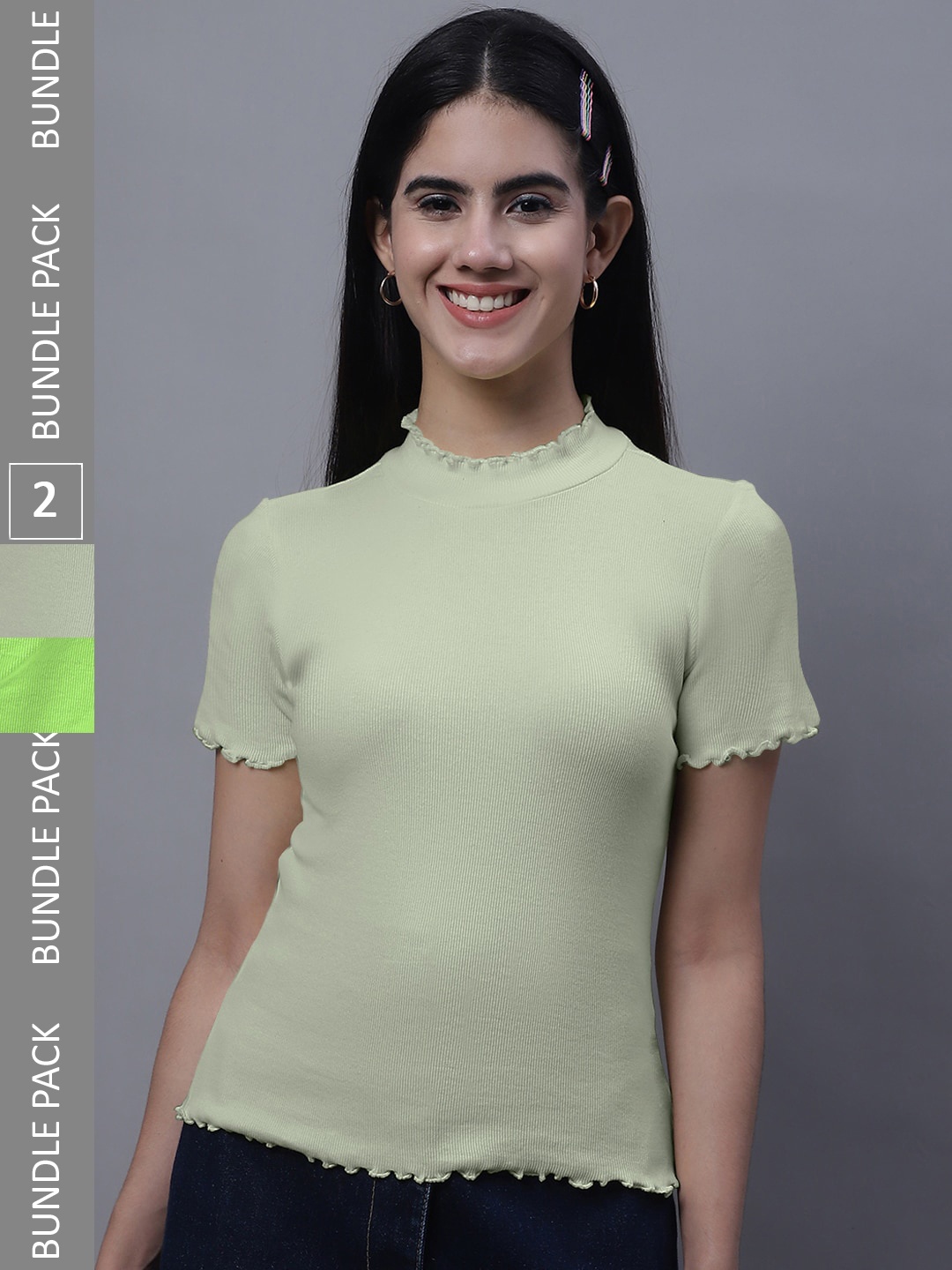 

FBAR Pack Of 2 High Neck Bio Washed Pure Cotton Ribbed Tops, Green