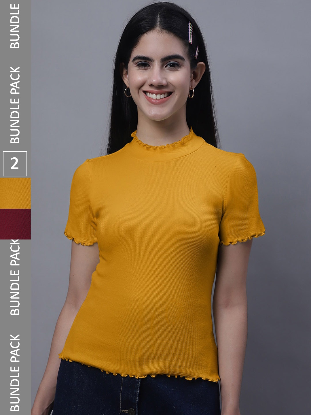 

FBAR Pack Of 2 High Neck Bio Washed Pure Cotton Ribbed Tops, Mustard